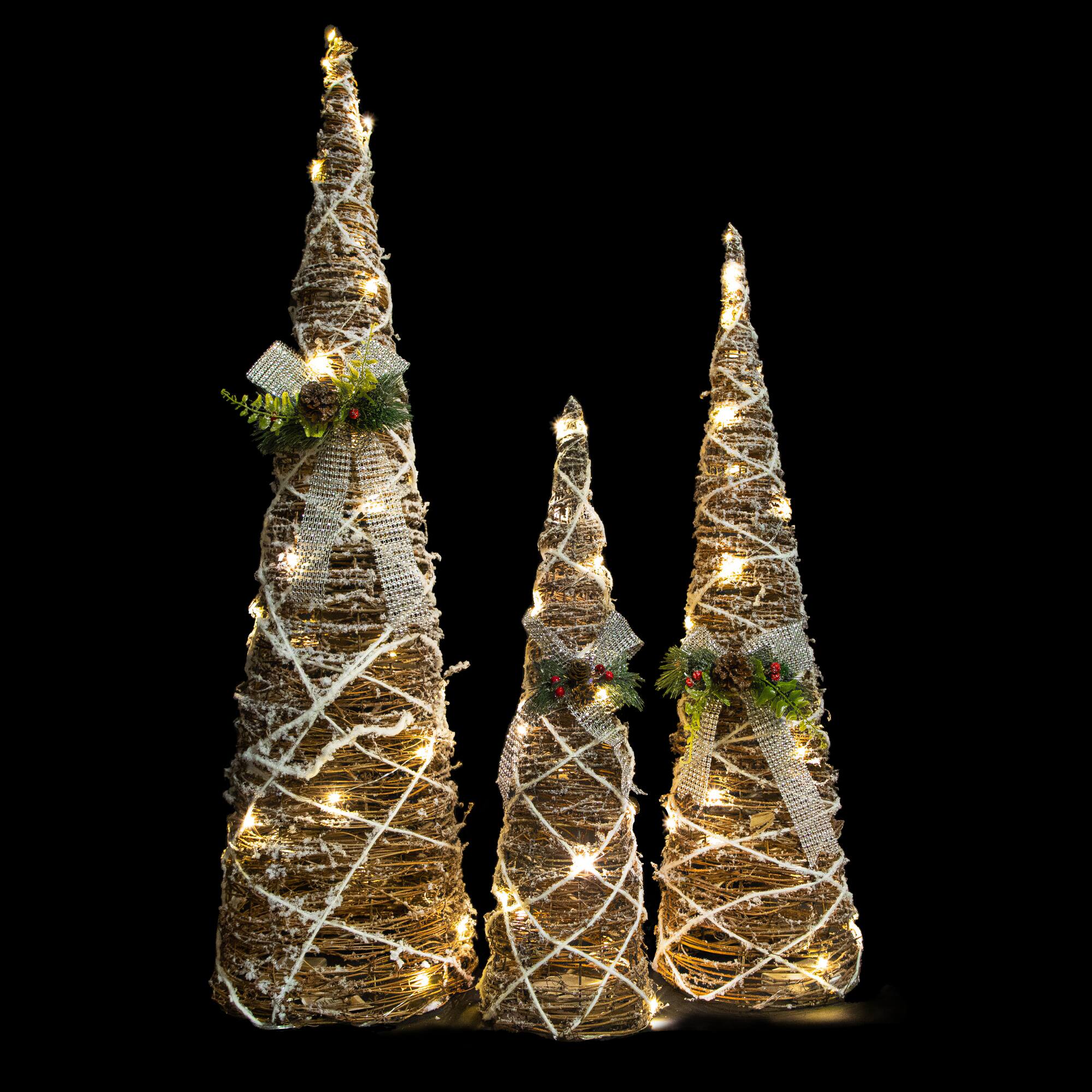 LED Lighted Pine & Berries Cone Christmas Tree Decorations Set